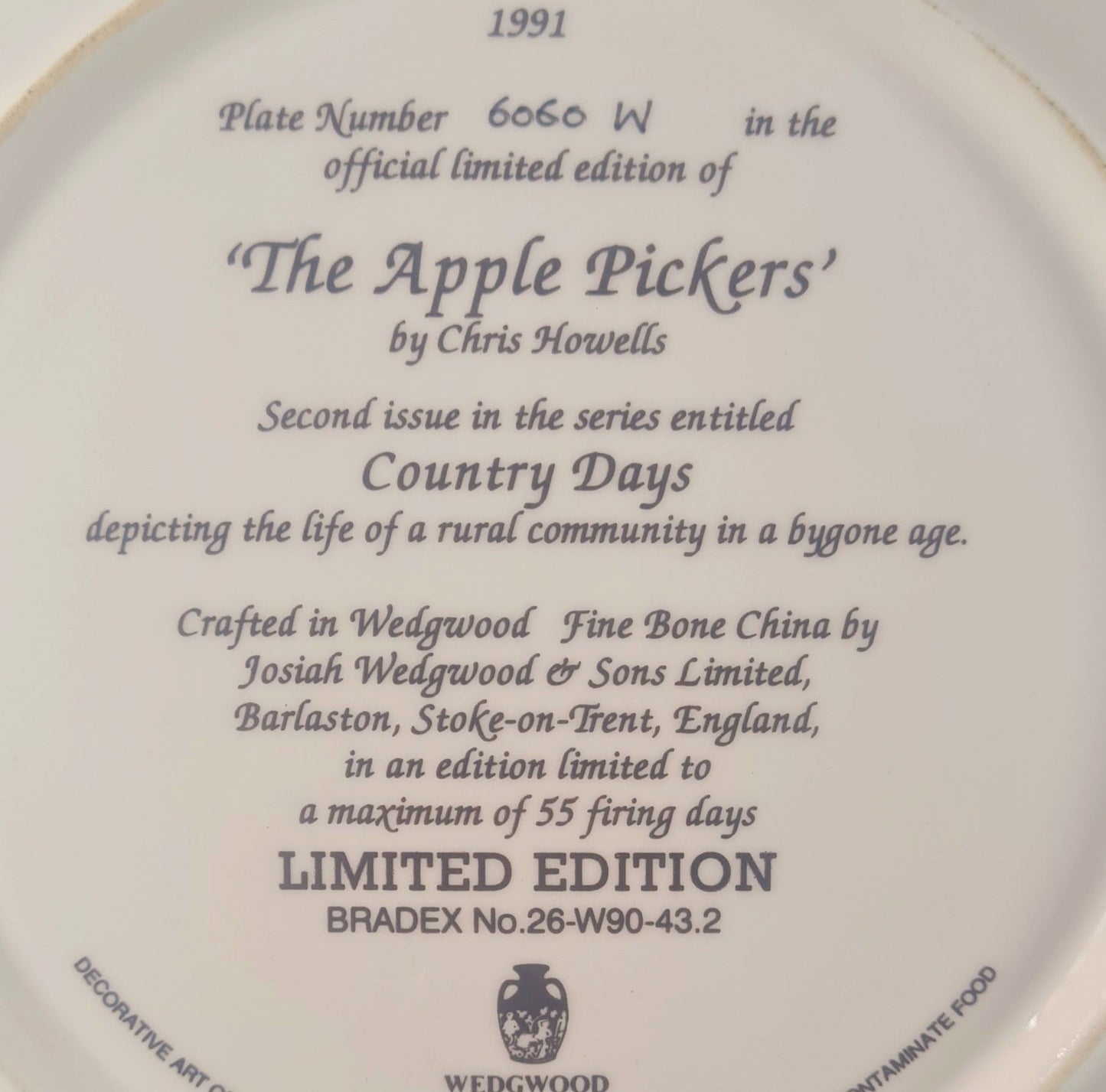 Wedgwood Country Days Series "The Apple Pickers" Collectible Plate
